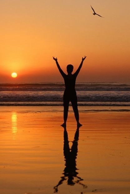 Silhouette of woman watching sunset on the beach